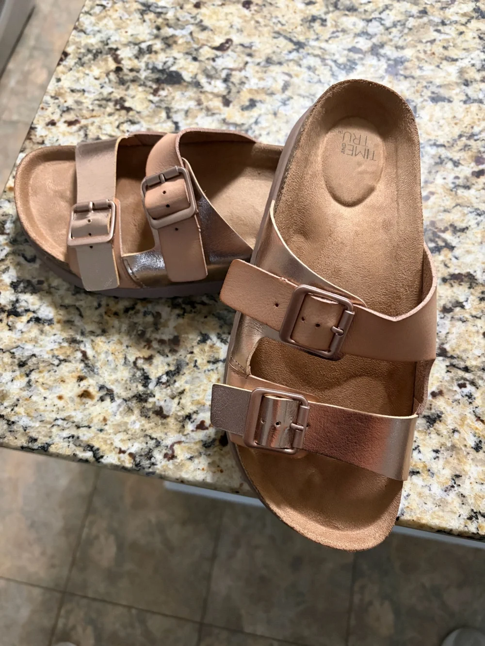 Time and Tru Rose Gold and Tan Dual Buckle Slide Sandals